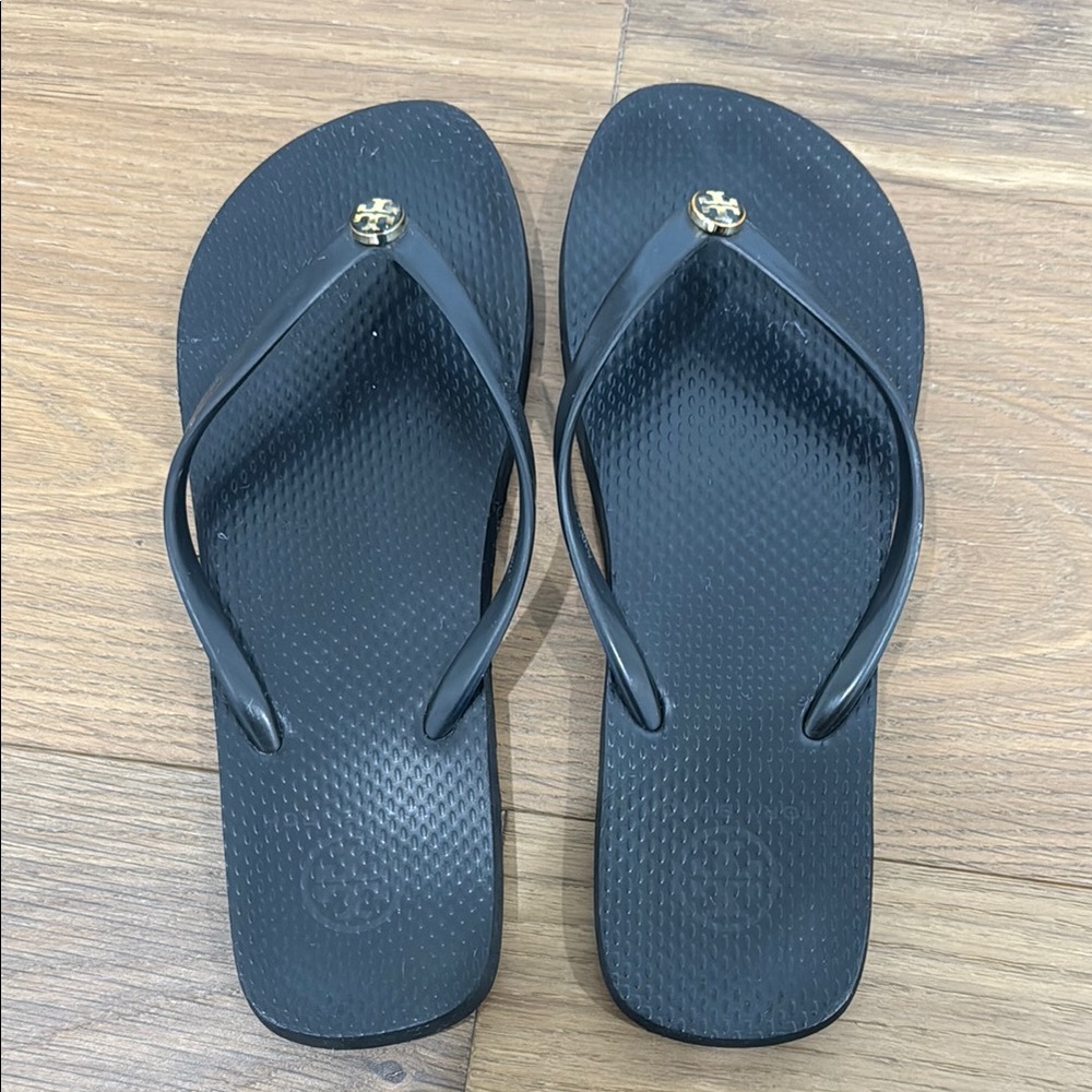 Tory Burch Black Sandals with Gold Emblem